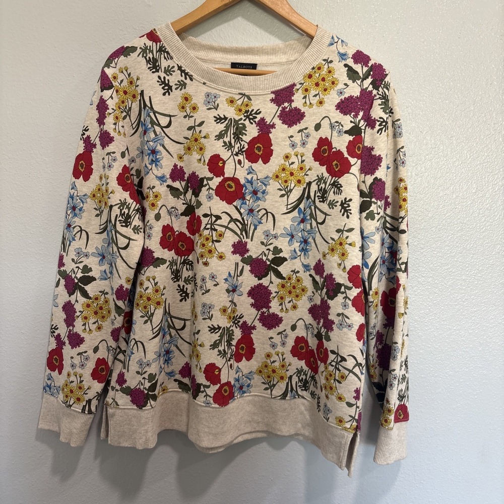 Talbots Floral French Terry Oatmeal Red Blue Sweatshirt Sz L Cottagecore Casual